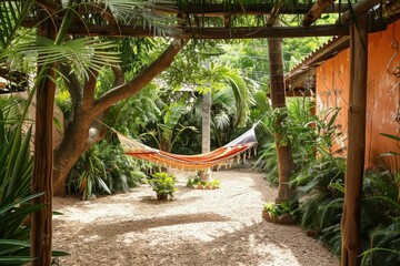 a hammock in a tropical garden with palm trees