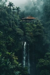 Landscape with a waterfall in the middle of nature with dark forest and house at the top.