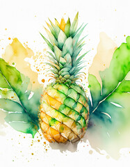 Watercolor pineapple with lush green leaves and vivid splashes