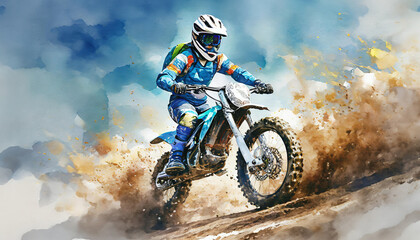 A motocross rider in blue gear, white helmet, rides a blue bike, kicking up dirt under a clear sky. Action-packed!
