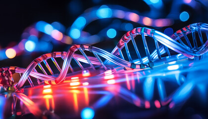 A vivid depiction of DNA strands illuminated with multicolored lights against a dark backdrop