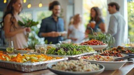 Obraz premium A group of people are gathered around a table of food. There are various dishes, including salads, pasta, and vegetables.