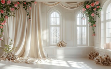 A photo of a beautiful room with white walls and large windows. There are pink flowers and white curtains. The floor is covered with a white carpet.