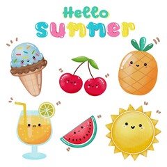 hello summer set on white  black ground, set of fruits