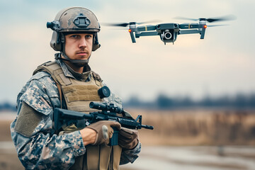 Fototapeta premium A focused soldier equipped with a rifle stands ready while a surveillance drone hovers nearby in a subdued landscape.