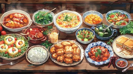 A table full of delicious food, including soup, salad, bread, and dessert.