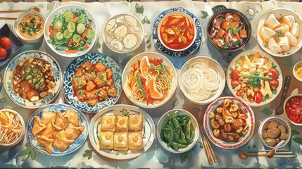 A variety of delicious Chinese food is on the table, including soup, noodles, and dumplings.