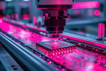 A high-precision machine places microchips on a circuit board using vibrant pink and purple lighting