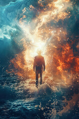 Fototapeta premium Fantasy scene with a man standing in the middle of the night