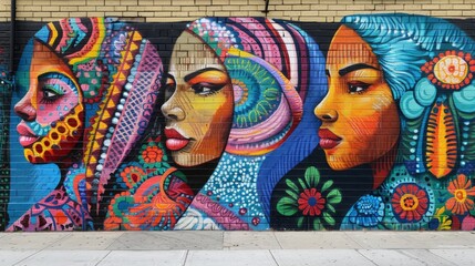 A mural of three black women with colorful head wraps and patterns on their faces.