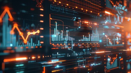 Fototapeta premium Business analysis big data screen and economic growth with financial graph. Concept of virtual fintech dashboard technology digital marketing and global economy. 3D illustration banner.