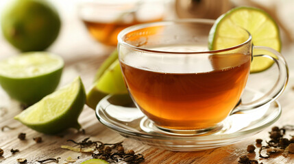 Cup of tasty tea with lime on wooden table against white