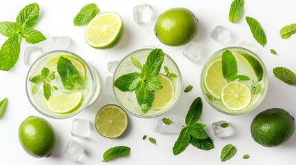 Mojito cocktail or soda drink with lime and mint isolated on white background. From top view.