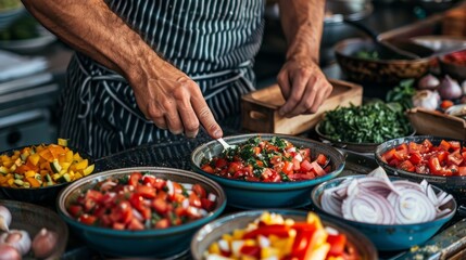 Obraz premium A chef is preparing a delicious and healthy salad with fresh ingredients.