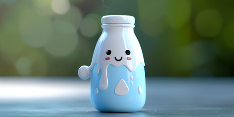 Funny happy milk package drink illustration cute cartoon character Lactose product childish pack dairy food Comic drink personage with cheerful expression on the bokeh background