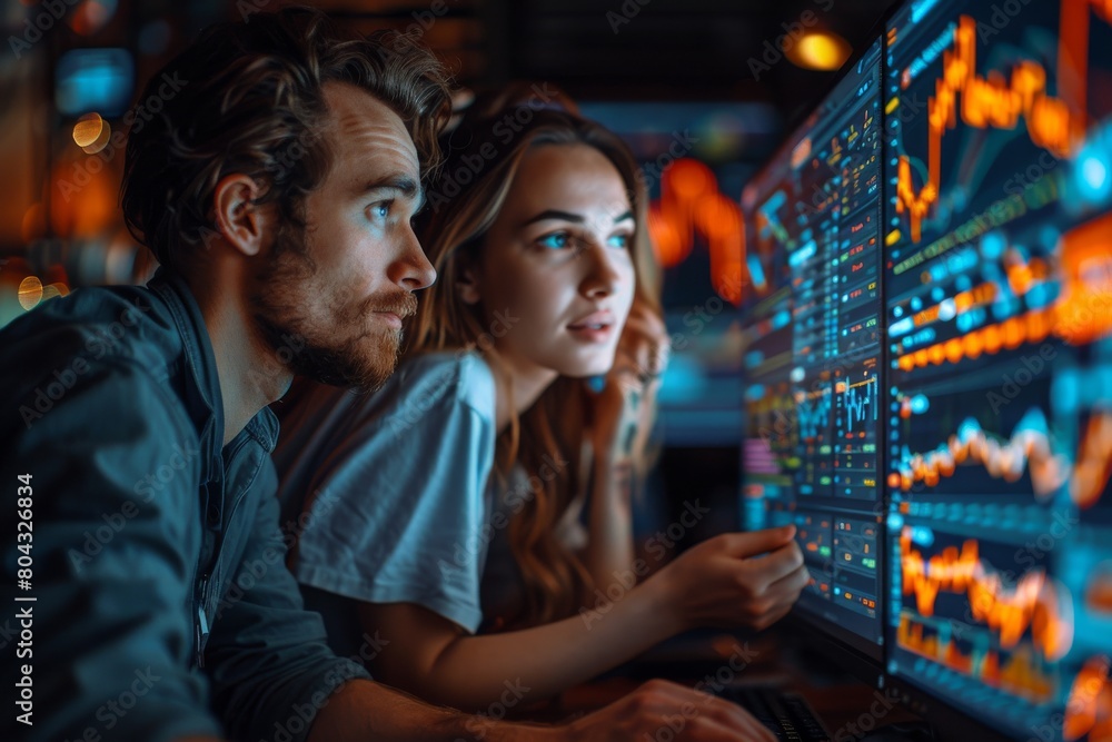 Poster two professionals examining financial data on multiple computer monitors in an office