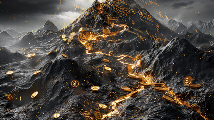 The lava of a volcano is made of molten gold coins and financial charts, with the crater erupting with numbers and percentages, distant view, poetic, black and gray tones