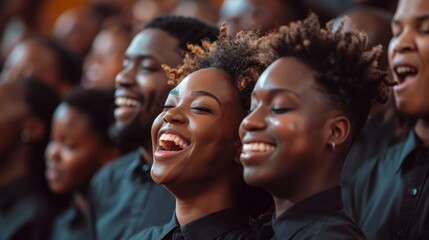 A group of black singers with eyes closed singing joyfully in a church - Powered by Adobe