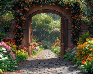 A beautiful garden with a stone archway covered in vines and flowers.