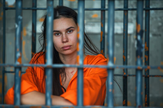 Portrait of a woman in orange prison uniform behind the bars.