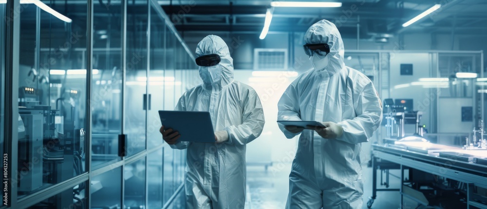 Poster using a laptop computer in a heavy industry factory while wearing sterile coversalls and face masks.