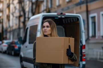 Obraz premium Woman carrying box while standing by delivery van in city