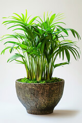 Chamaedorea elegans, the neanthe bella palm or parlour palm, green houseplant in the pot, white background, plant lover concept 