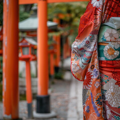 Traditional Japanese Kimono Detail with Torii Gates in Background