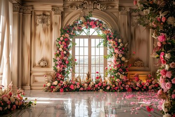 Elegant room with marble floor and columns, decorated with pink and white flowers