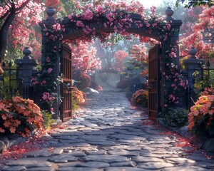 A stone path leads through a garden gate into a beautiful garden filled with pink flowers.