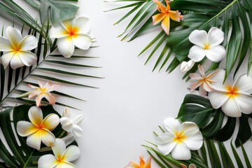 A beautiful arrangement of tropical leaves and flowers on a white background.