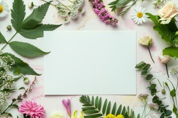 Blank card mockup with various flowers and leaves on pink and white background.