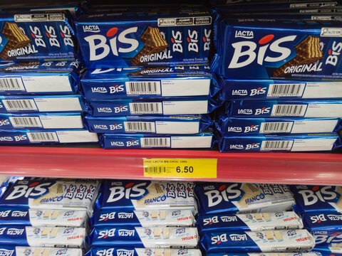 RIO DE JANEIRO, BRAZIL - April 20, 2024: Wafer Bis packages on the supermarket shelf. The food belongs to the Brazilian company Lacta