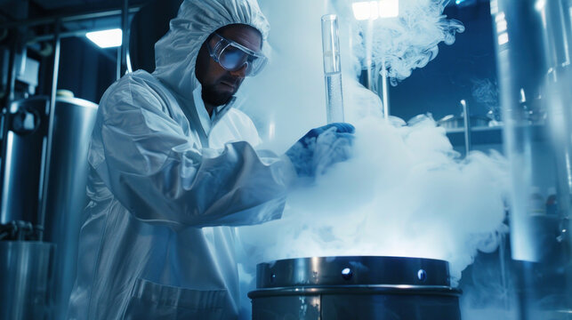 Scientist man in a protective white suit conducting works with dry ice, cryogenic engineering experiments, banner