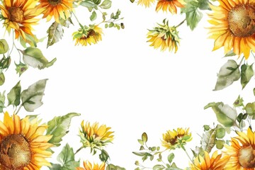 A watercolor painting of sunflowers and leaves on a white background.