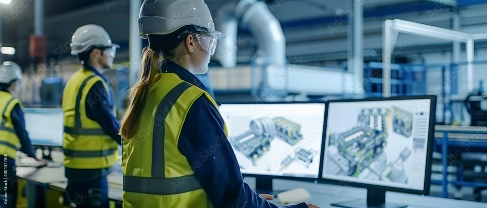 Poster factory office design agency: industrial engineers talk about 3d layouts of a heavy industry machine