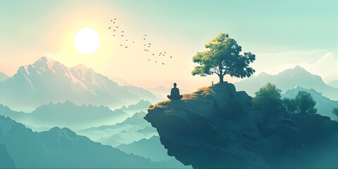 Tranquil Moment of Reflection Amidst a Serene Mountain Landscape at Sunset