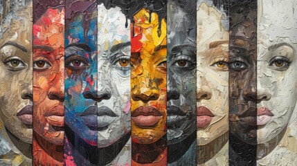 A painting of women with different skin tones, each face is split in half with a colorful abstract pattern on one side.