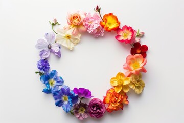 Obraz premium A circle of flowers of different colors on a white background.