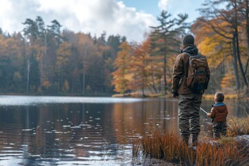 A father and young child stand together, gazing out across a peaceful lake surrounded by autumnal trees