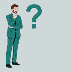 A man thinks about problems and questions during the decision-making process. Business concept. Outline vector illustration.