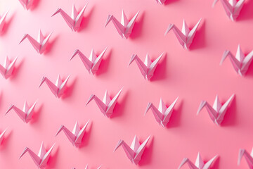 Origami pattern. Pink origami crane background. Minimalistic background for presentation.