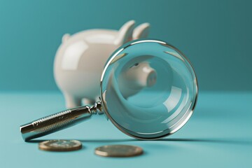 Magnifying glass and piggy bank, business, savings, finance concept.
