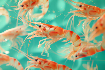 Shrimp pattern on turquoise background. Seafood background. Shrimps.