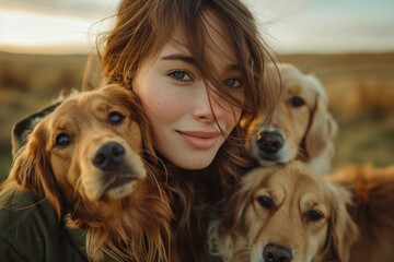 A girl close-up with affectionate expressions surrounded by golden retriever dogs in warm light