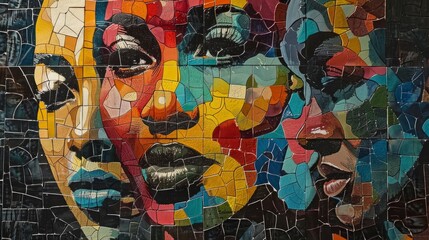 A mosaic of three African women with bright colors.