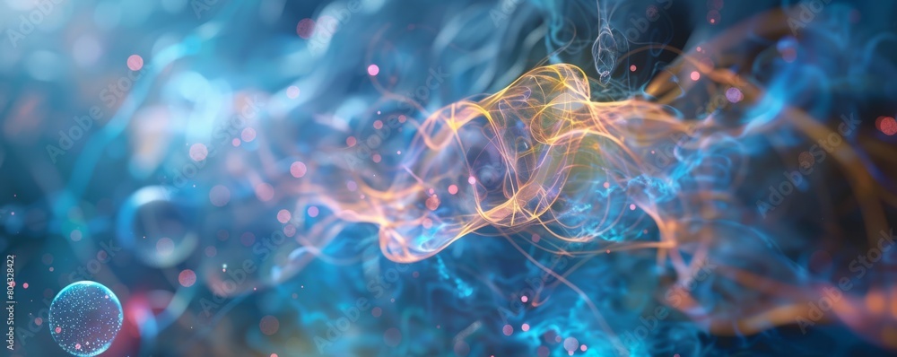 Poster abstract colorful quantum mechanics concept with glowing particles and dynamic waves