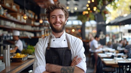 a chef standing in a restaurant and smiling at the camera