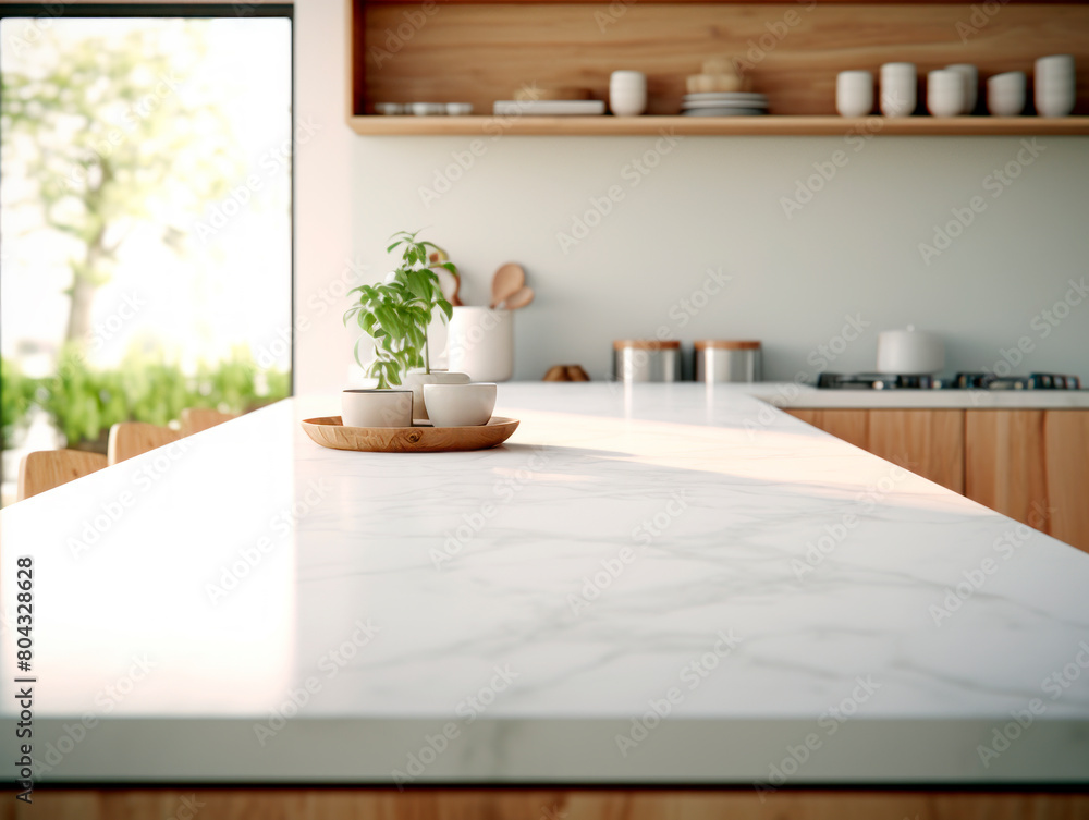 Wall mural modern kitchen interior with marble countertop and wooden details, natural light, concept of clean l