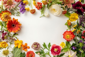 Fototapeta premium A variety of flowers arranged in a circle on a white background.